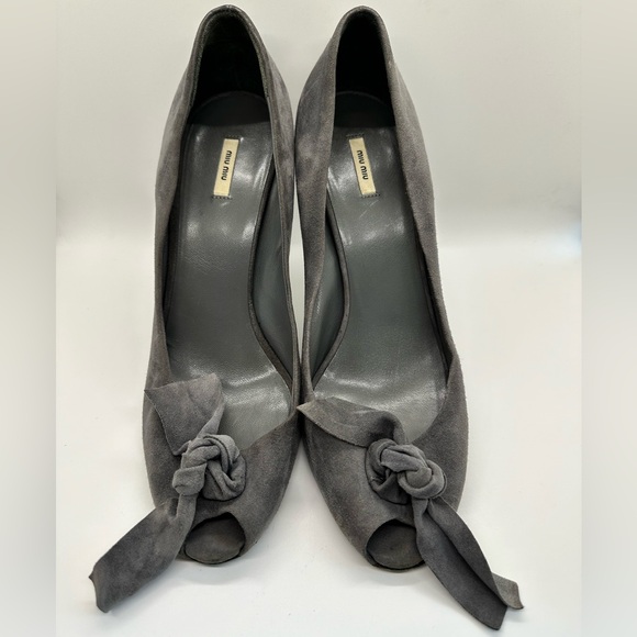 Miu Miu Grey Suede Peep Tow Bow Stiletto‎ Heels size 10.5 (40.5) EUC! 😍 - Picture 14 of 14